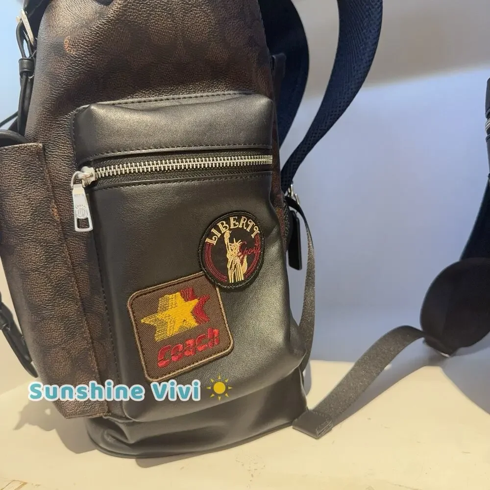 NWT Coach MEN Sprint Backpack Signature Canvas With Patches Walnut/Black CFP95